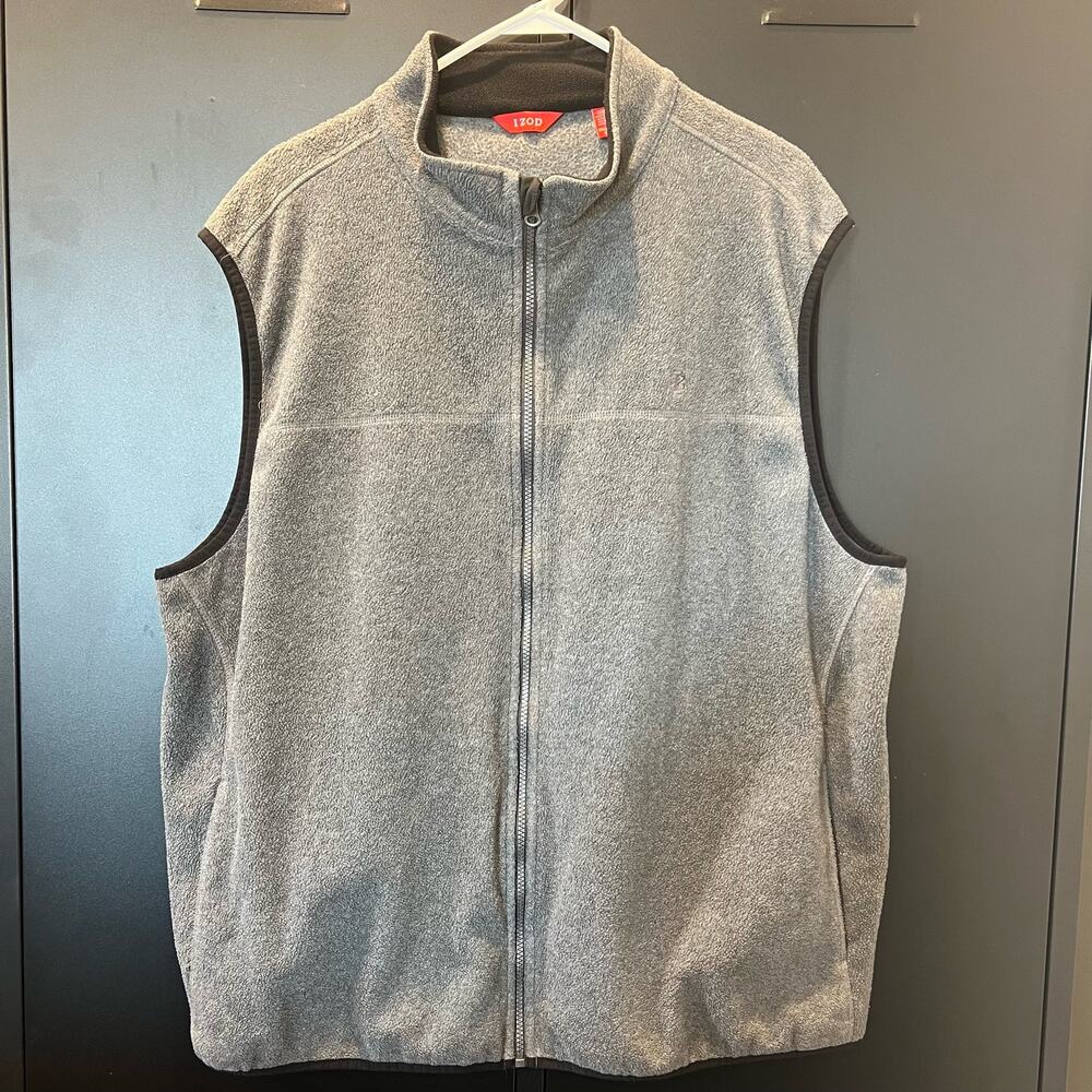 Izod Fleece Sleeveless Vest Men's 2XL Full Zip Gray/Black Mock Neck Golf Pockets
